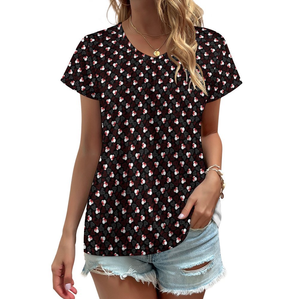 Mickey And Minnie Dots Women's V-Neck Short Sleeve T-Shirt