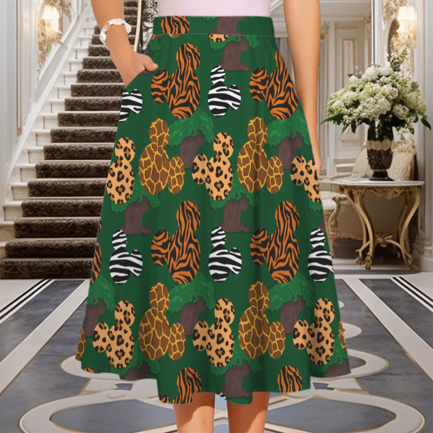 Animal Prints Elastic Waist Midi Skirt With Pockets