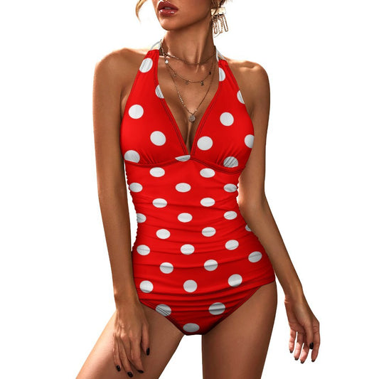 Red With White Polka Dots Women's Split Swimsuit