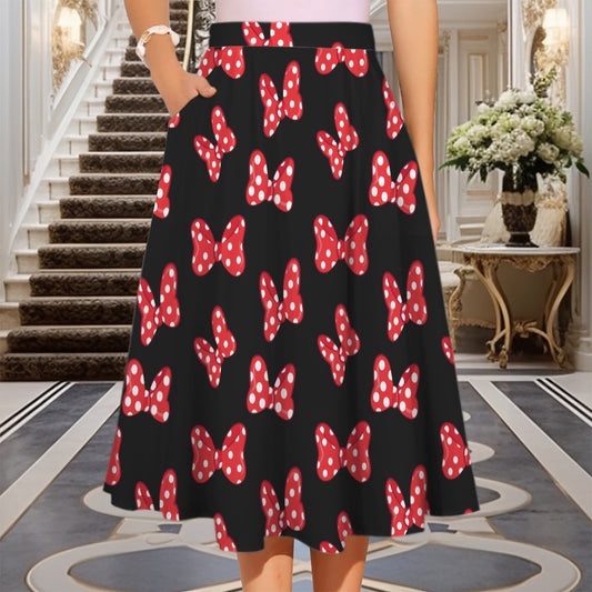 Polka Dot Bows Elastic Waist Midi Skirt With Pockets