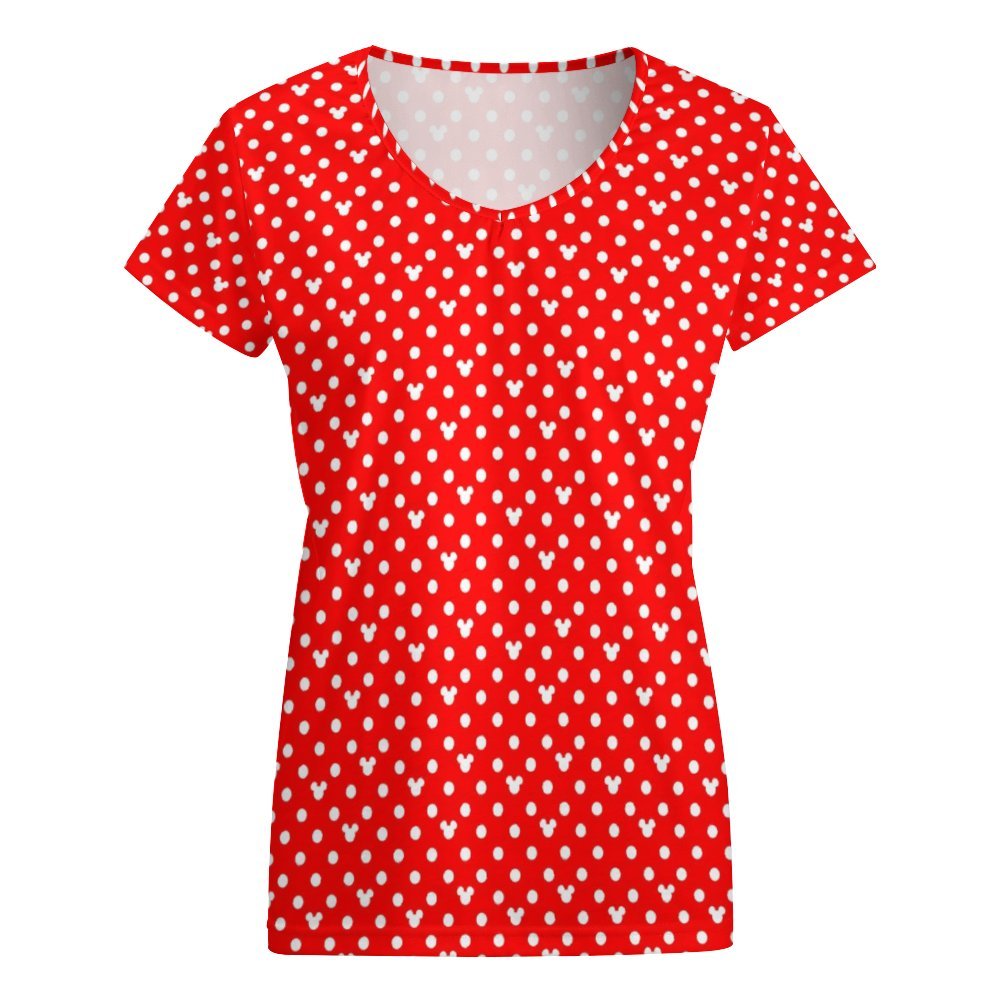 Red With White Mickey Polka Dots Women's V-Neck Short Sleeve T-Shirt