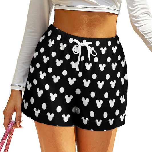 Black With White Mickey Polka Dots Women's High-Waisted Loose Shorts With Pockets