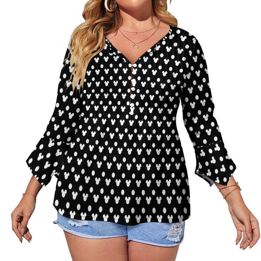 Black With White Mickey Polka Dots Women's Ruffled Petal Sleeve Top