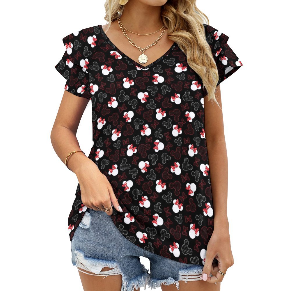 Mickey And Minnie Waffles Women's Ruffle Sleeve V-Neck T-Shirt