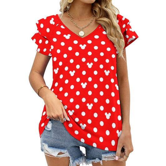 Red With White Mickey Polka Dots Women's Ruffle Sleeve V-Neck T-Shirt