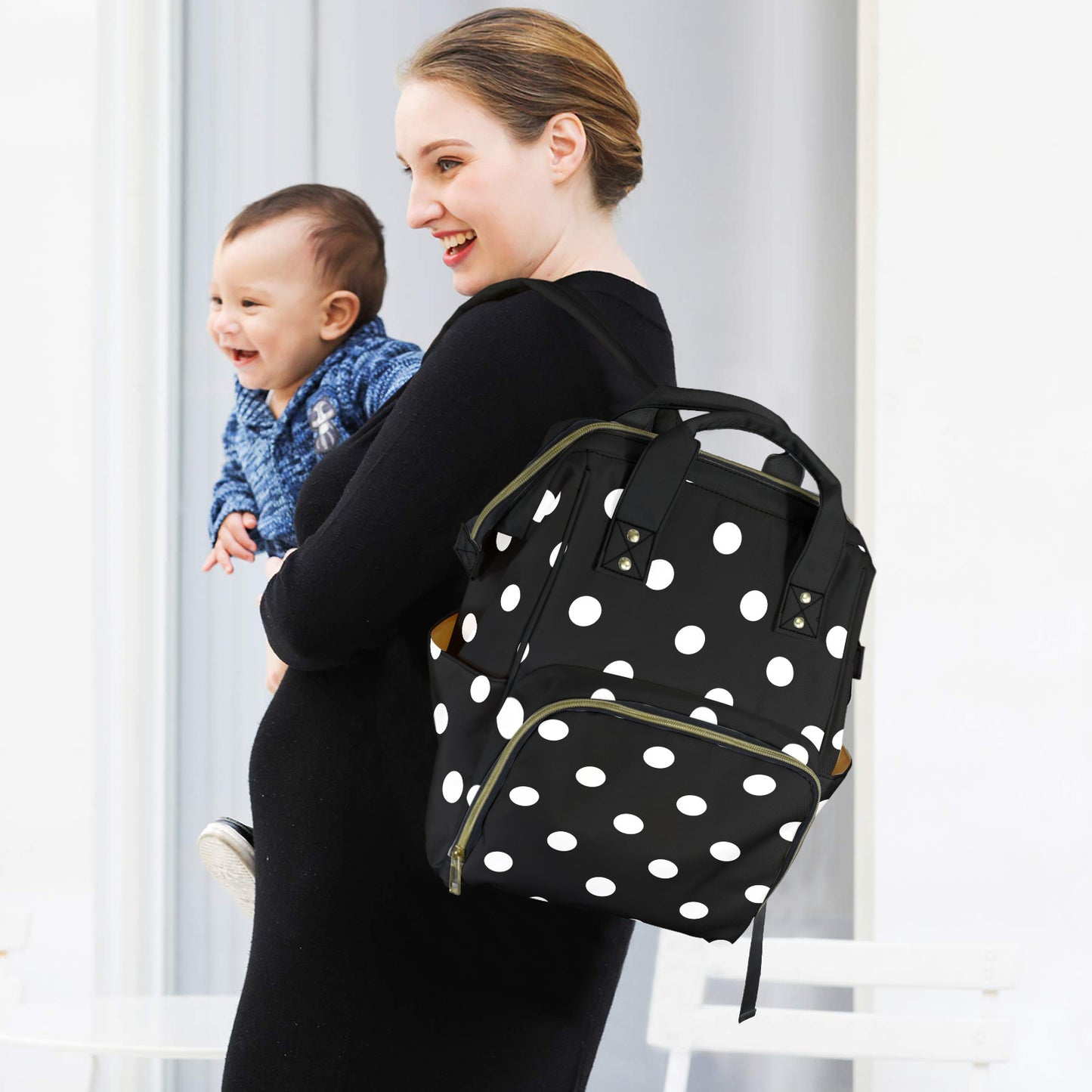 Black With White Polka Dots Multi-Function Diaper Bag