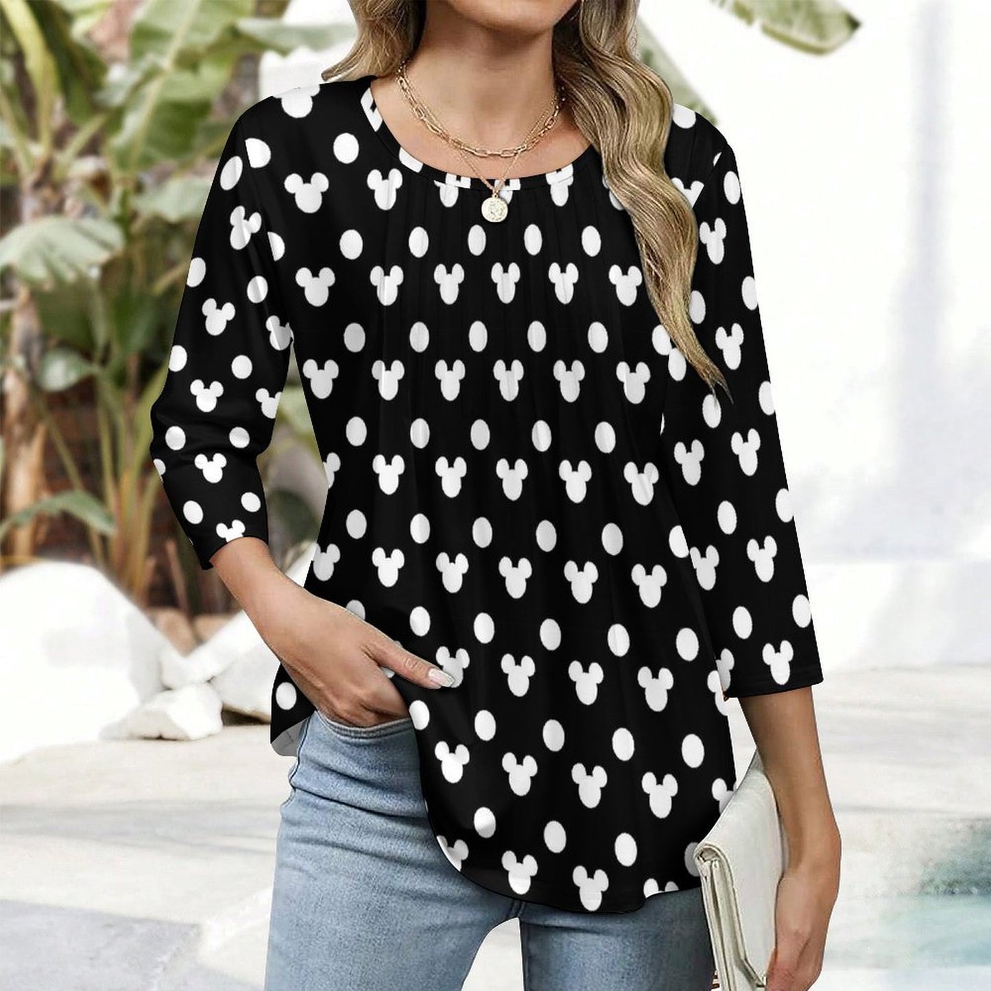 Black With White Mickey Polka Dots Women's 3/4 Sleeve Pleated Tunic Top - Ambrie