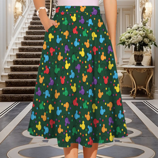 Christmas Lights Elastic Waist Midi Skirt With Pockets