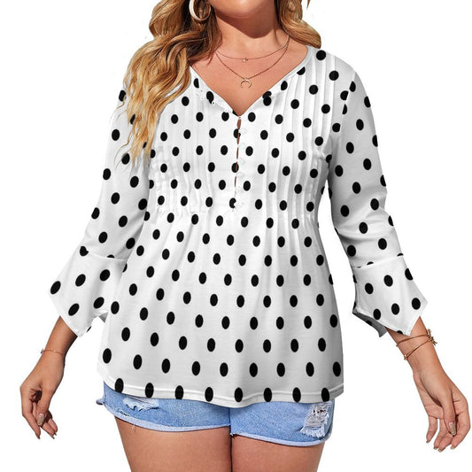 White With Black Polka Dots Women's Ruffled Petal Sleeve Top