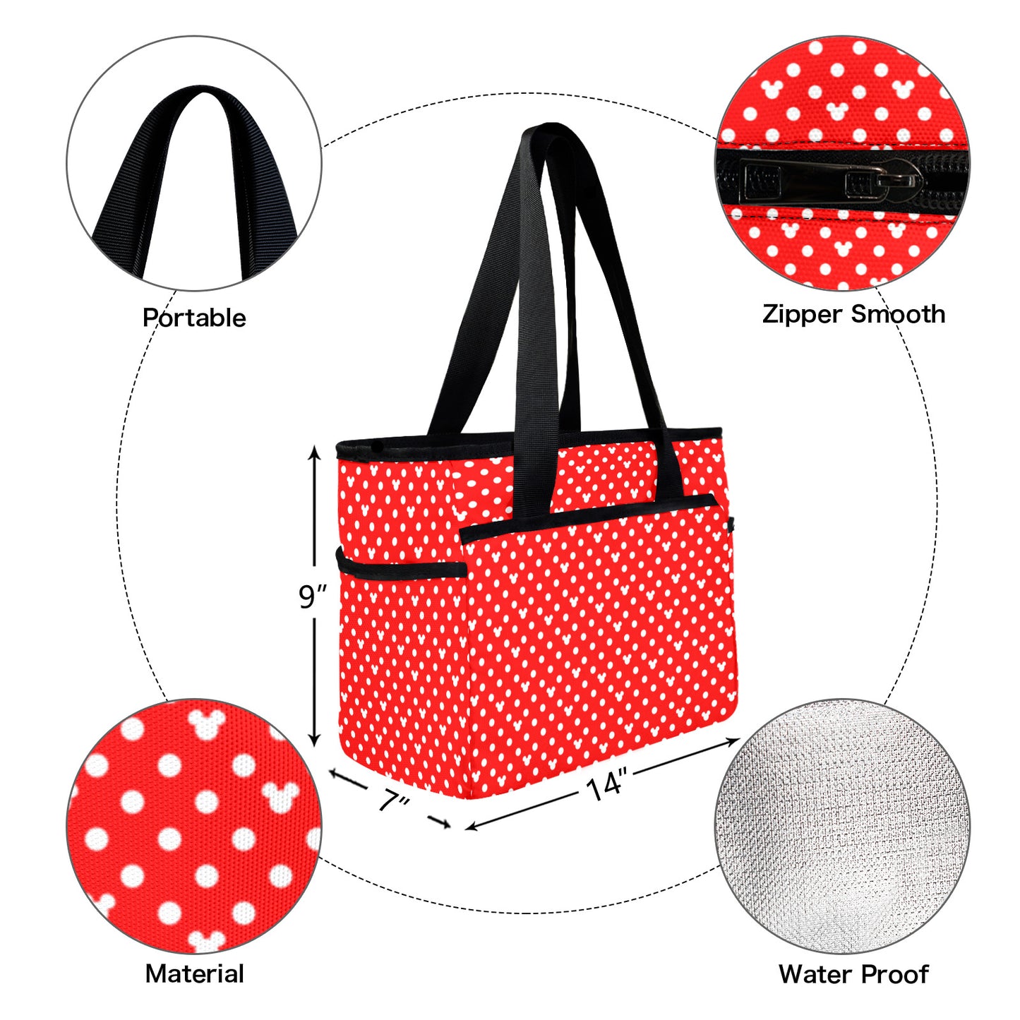 Red With White Mickey Polka Dots Large Capacity Insulated Tote Bag