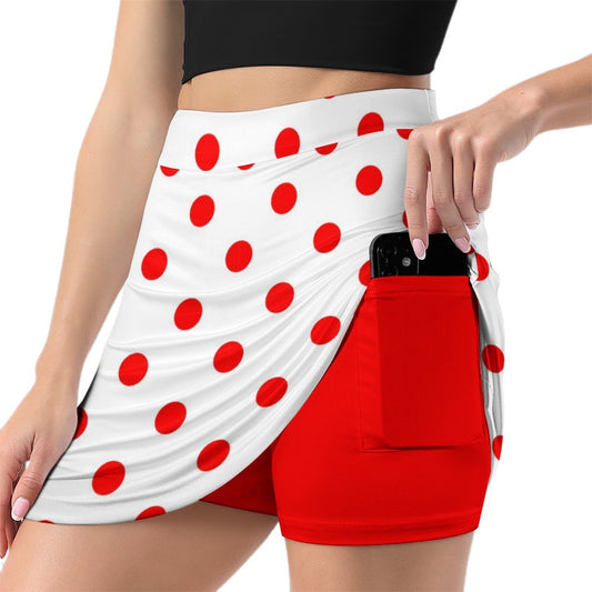 White With Red Polka Dots Athletic A-Line Skirt With Pocket Solid Shorts