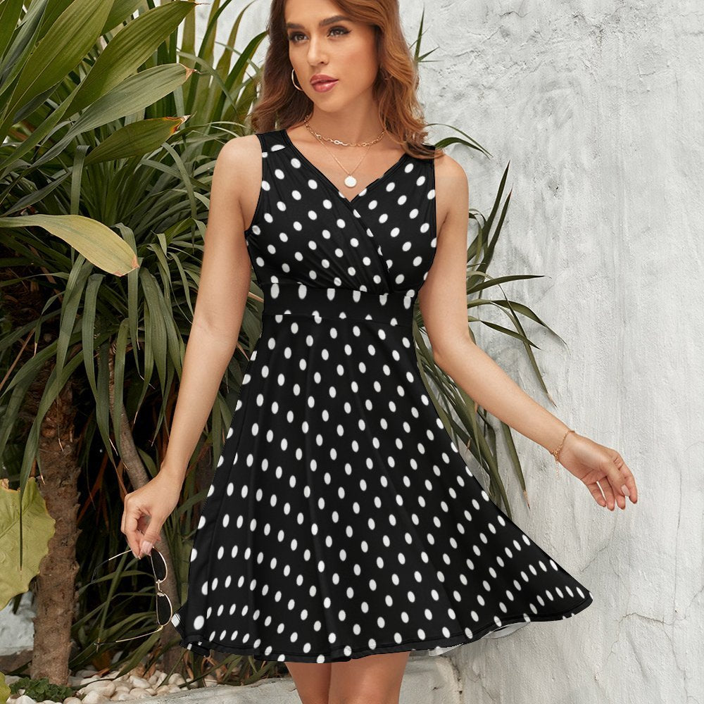 Black With White Polka Dots V-Neck Sleeveless Dress