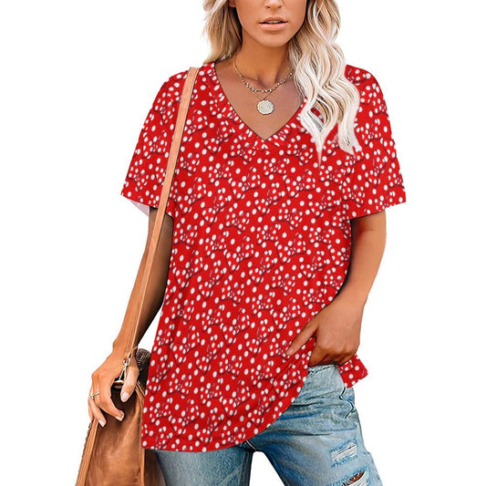 Red With White Polka Dot And Bows Women's V-Neck T-Shirt