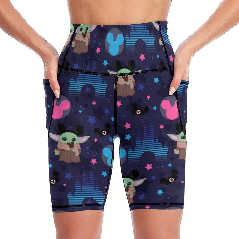 Star Wars Baby Yoda Castles Women's Knee Length Athletic Yoga Shorts With Pockets