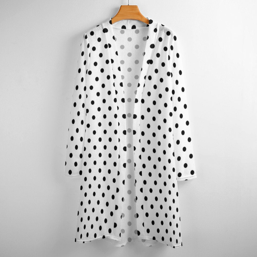 White With Black Polka Dots Women's Mid-Length Cardigan