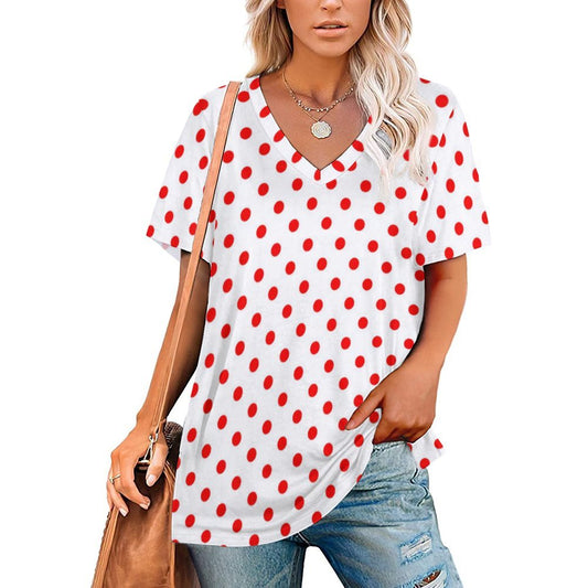 White With Red Polka Dots Women's V-Neck T-Shirt