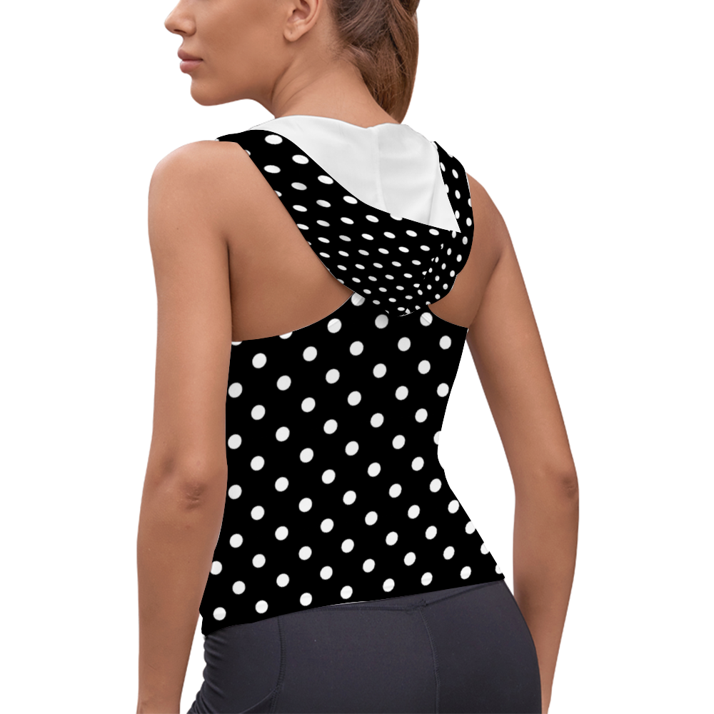 Black With White Polka Dots Women's Athletic V-Neck Sleeveless Hoodie Vest Tank Top