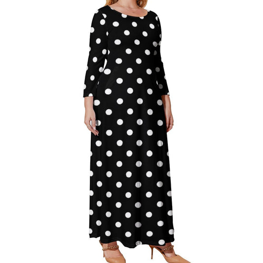 Black With White Polka Dots Plus Size Loose-Fit Long Sleeve Dress