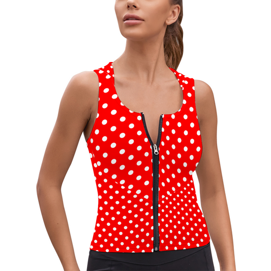 Red With White Polka Dots Women's Athletic V-Neck Sleeveless Hoodie Vest Tank Top