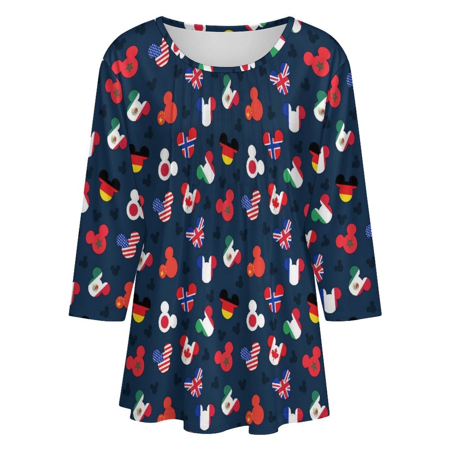 Mickey Flags Women's 3/4 Sleeve Pleated Tunic Top - Ambrie