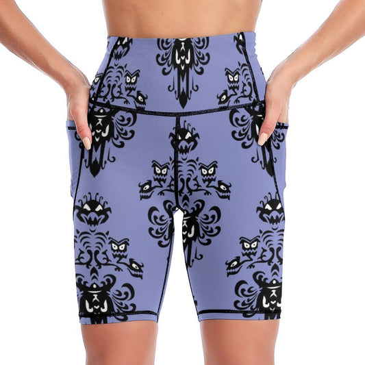 Haunted Mansion Wallpaper Women's Knee Length Athletic Yoga Shorts With Pockets
