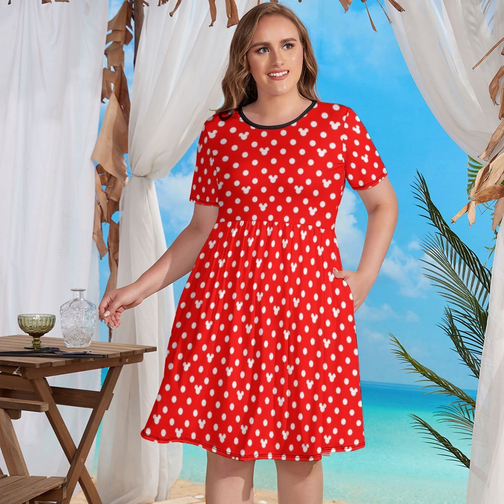 Red With White Mickey Polka Dots Women's Round Neck Plus Size Dress With Pockets