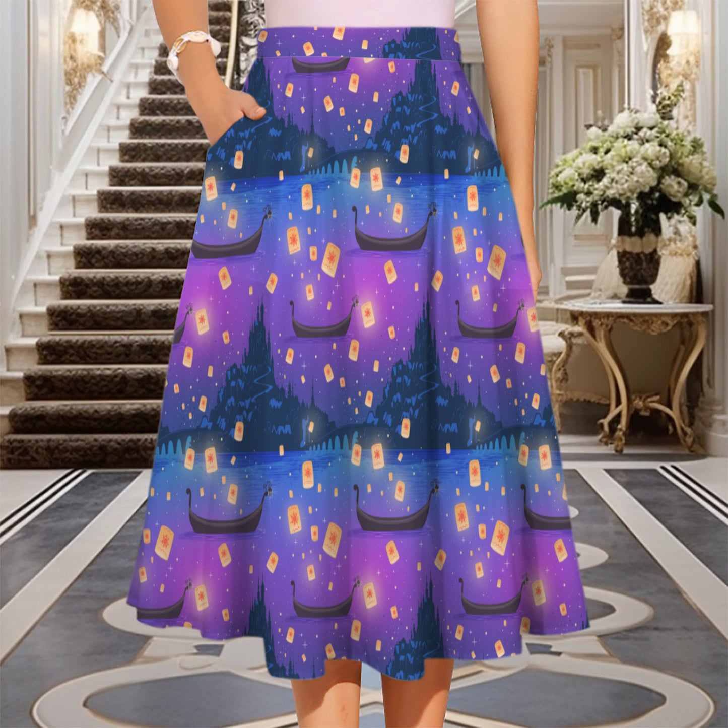 Floating Lanterns Elastic Waist Midi Skirt With Pockets