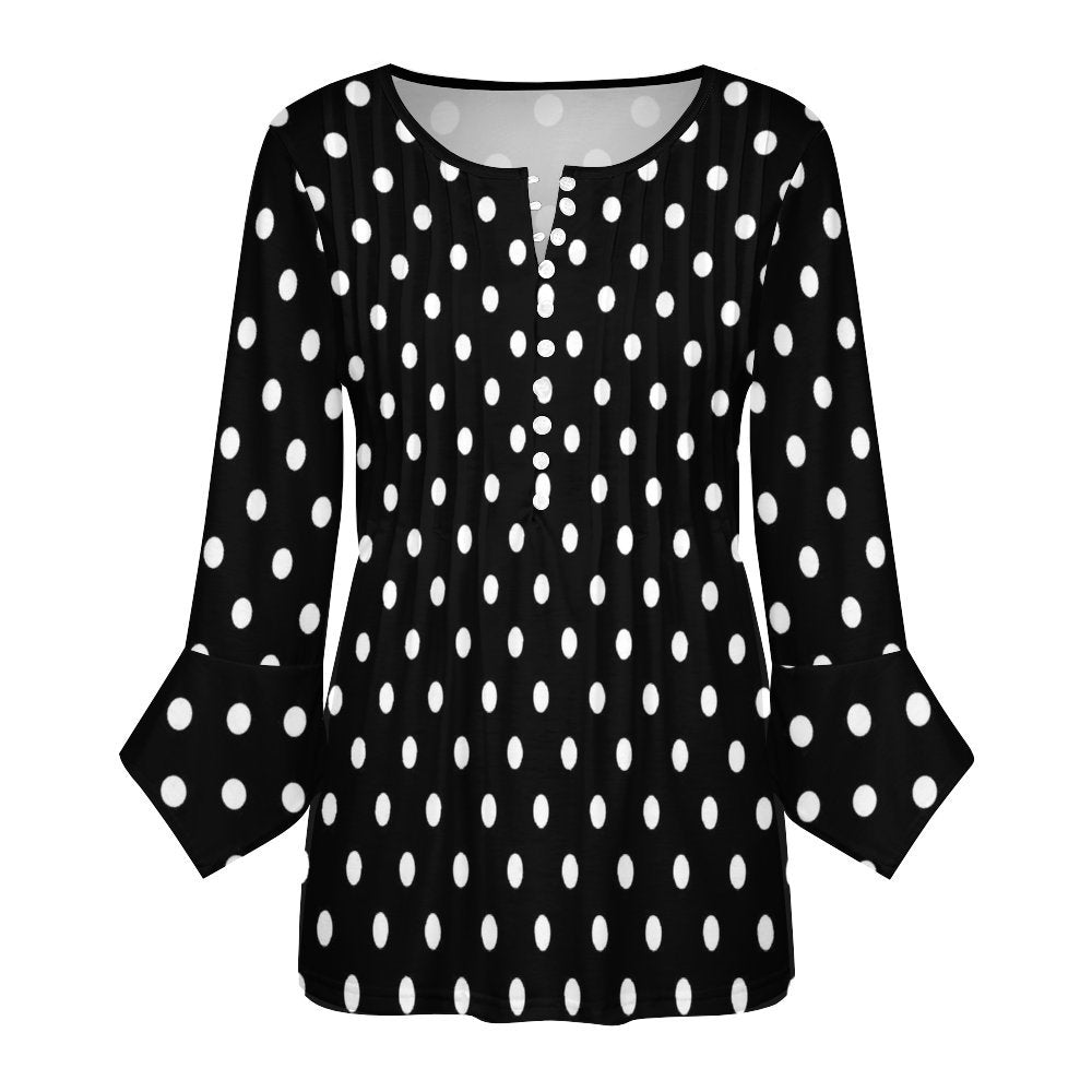 Black With White Polka Dots Women's Ruffled Petal Sleeve Top