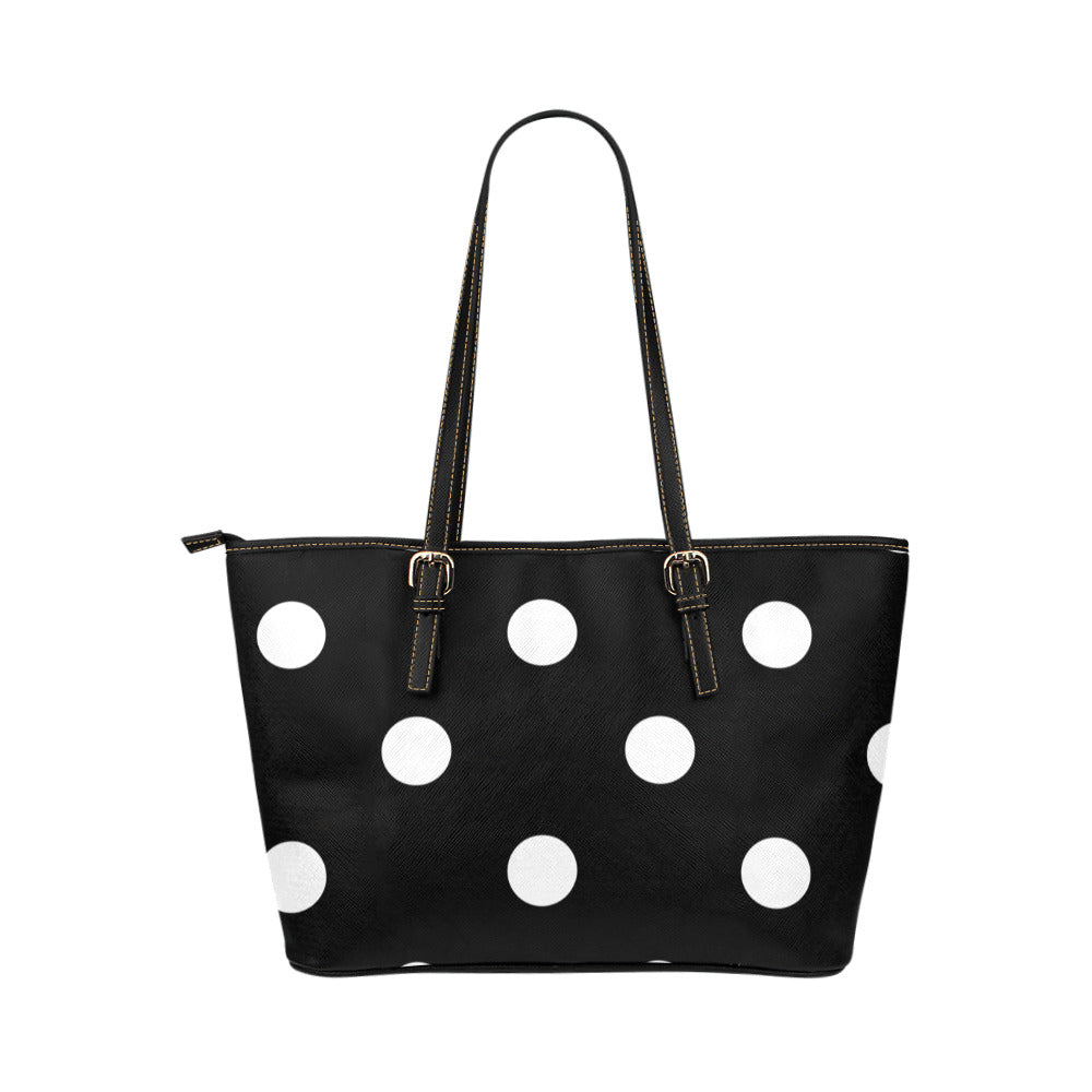 Black With White Polka Dots Leather Tote Bag