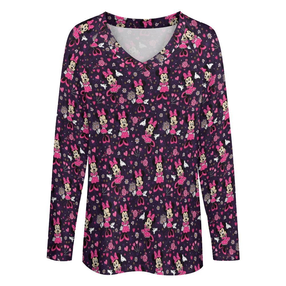 Pink Minnie Long Sleeve Loose V-Neck Tee