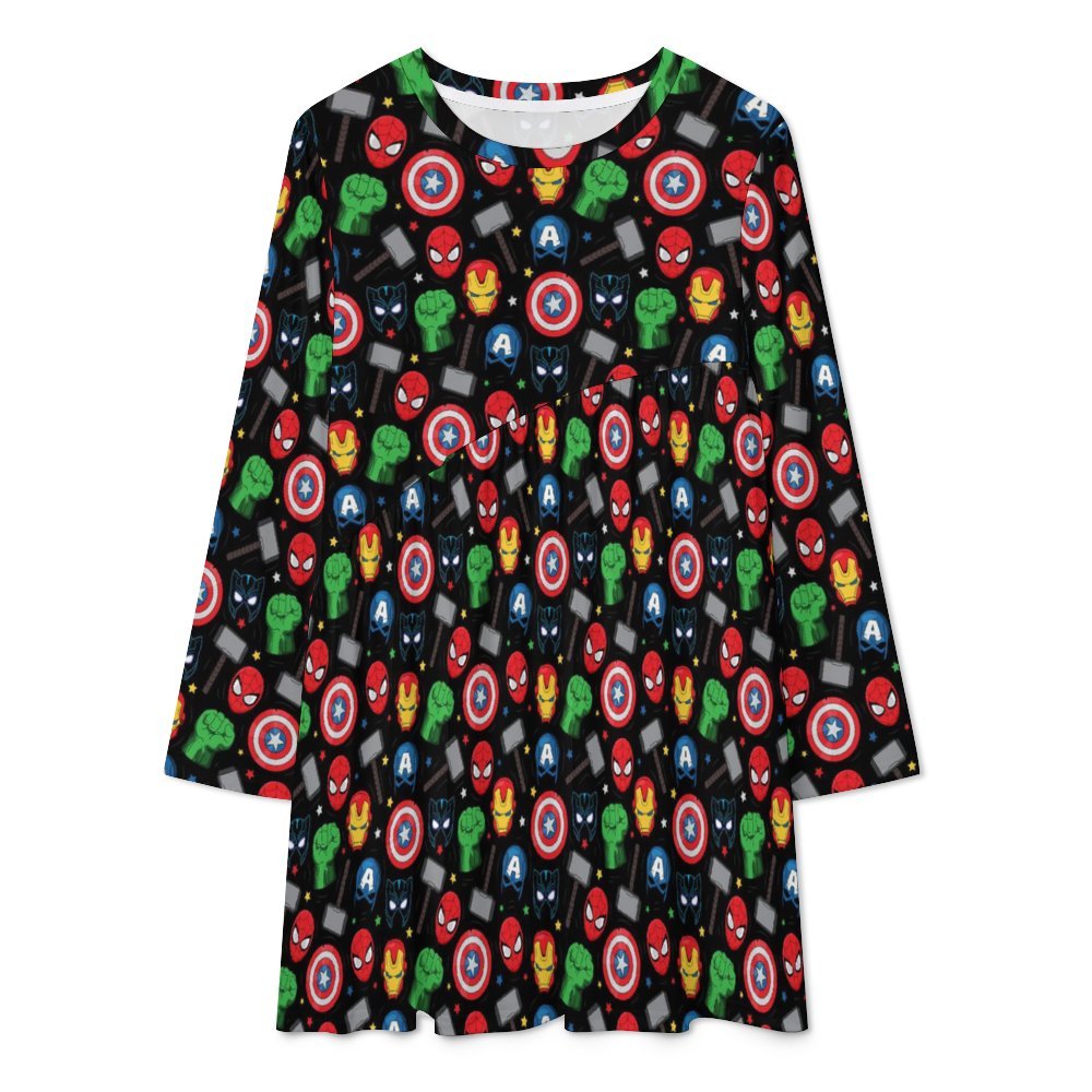 Super Heroes Long Sleeve Patchwork T-shirt Dress