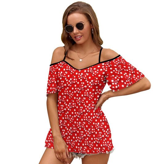 Red With White Polka Dot And Bows Women's Off-Shoulder Cold Shoulder Camisole Top