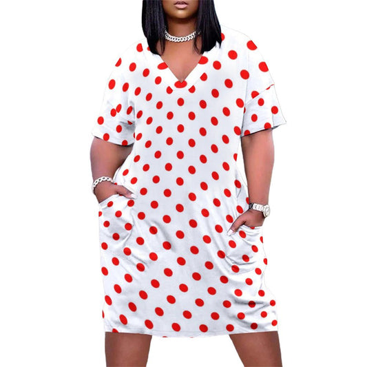 White With Red Polka Dots Women's V-neck Loose Dress With Pockets