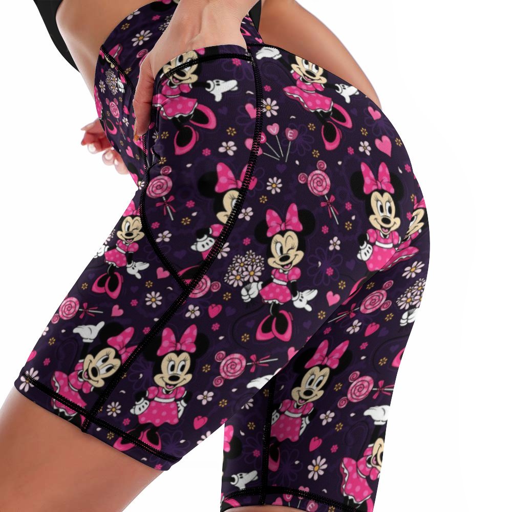 Pink Minnie Women's Knee Length Athletic Yoga Shorts With Pockets