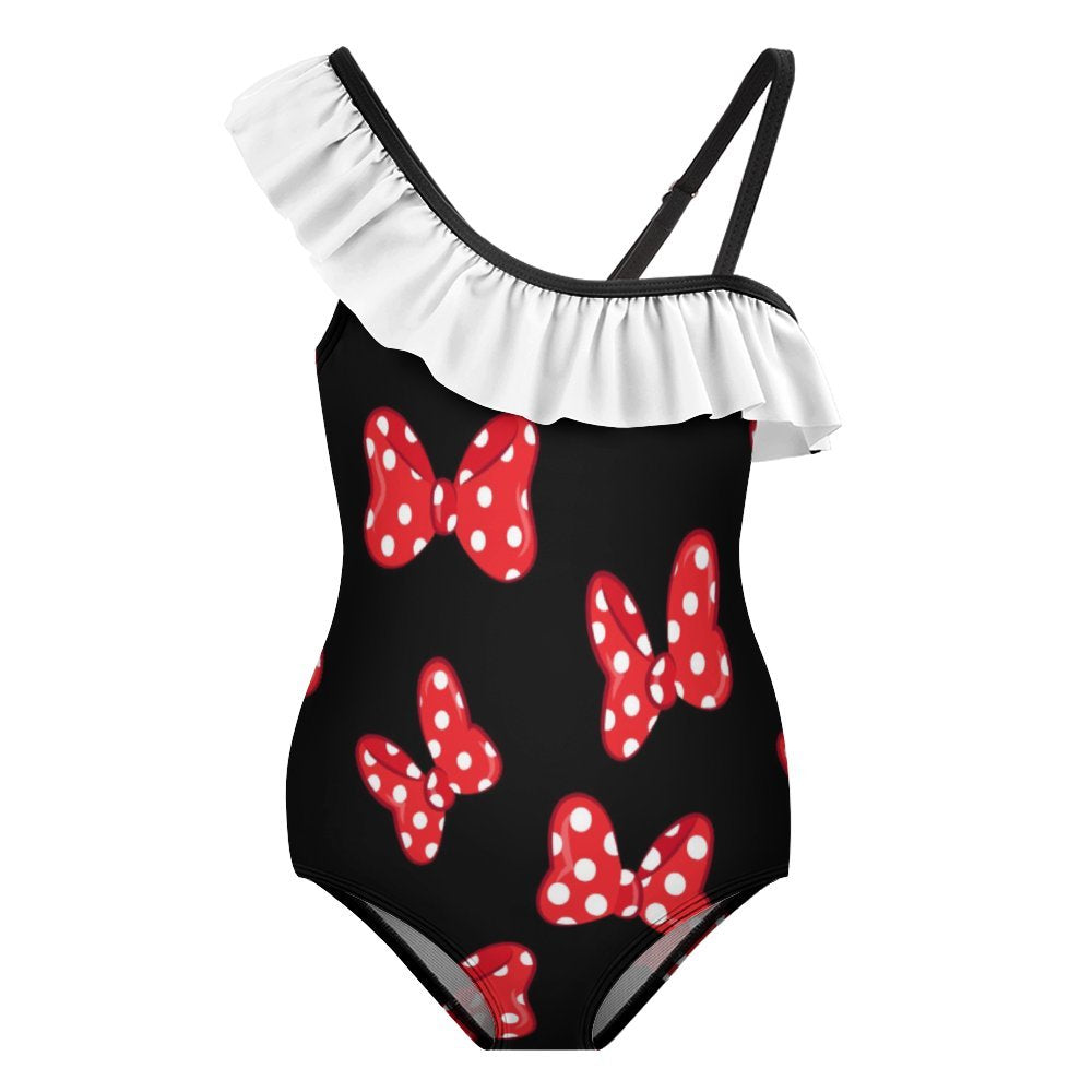 Polka Dot Bows Girls Flounce One-Piece Swimsuit