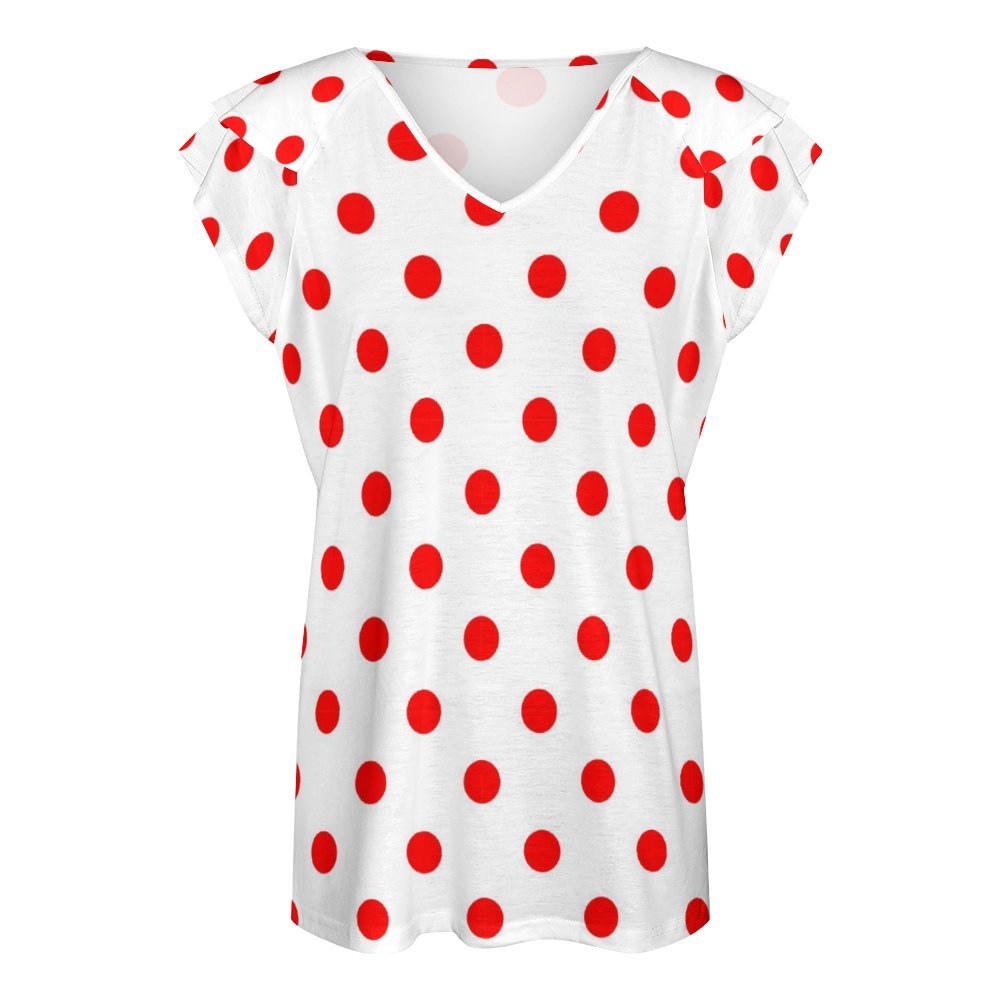 White With Red Polka Dots Women's Ruffle Sleeve V-Neck T-Shirt