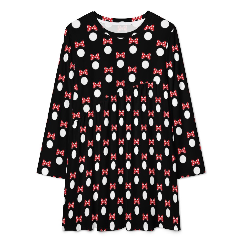 Black With White Polka Dot And Red Bows Long Sleeve Patchwork T-shirt Dress Dress