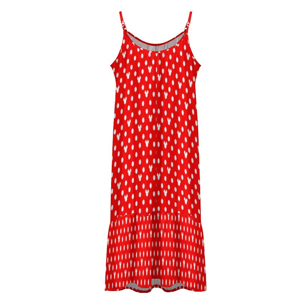 Red With White Mickey Polka Dots Suspender Sleeveless Dress