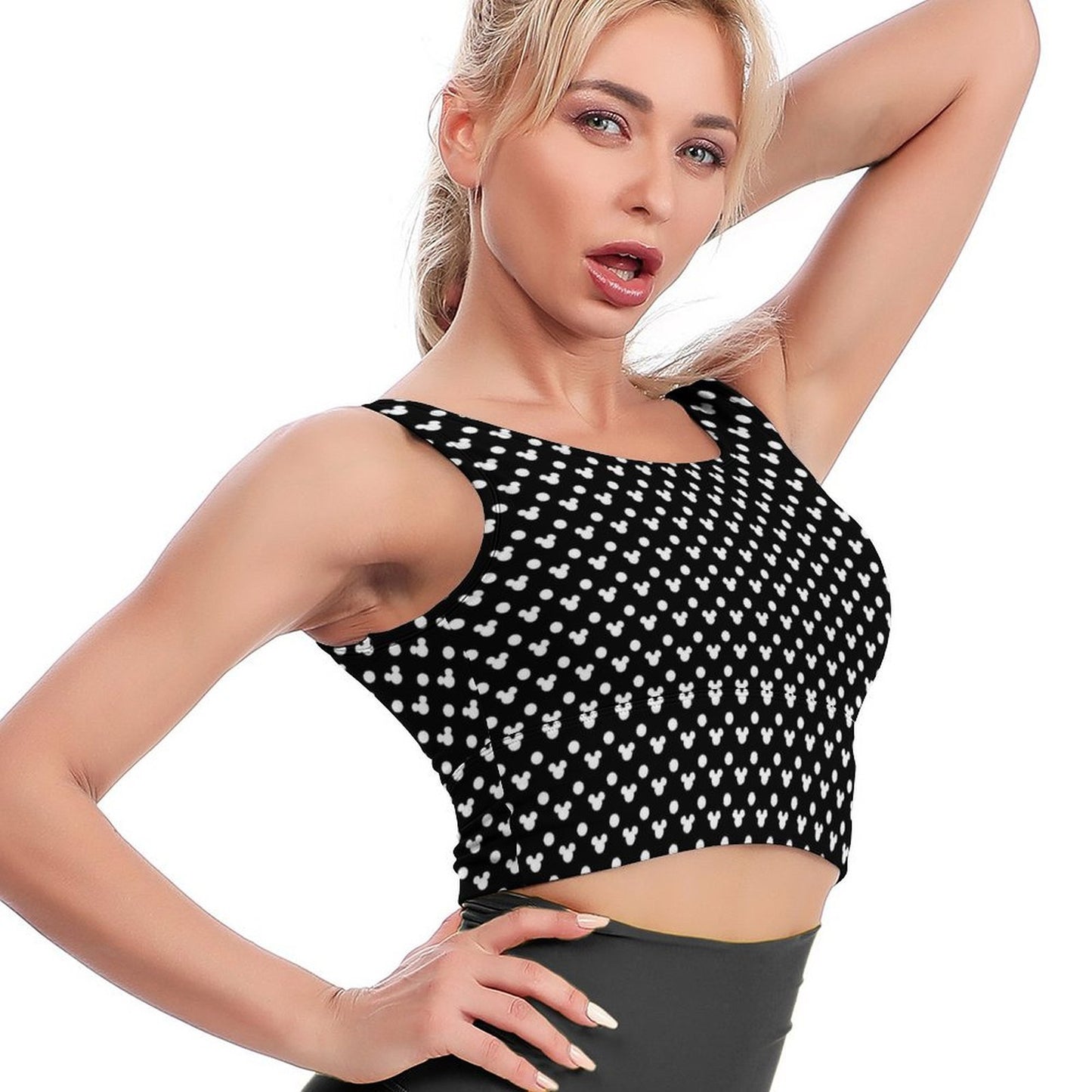 Black With White Mickey Polka Dots Women's Crop Tank Top - Ambrie