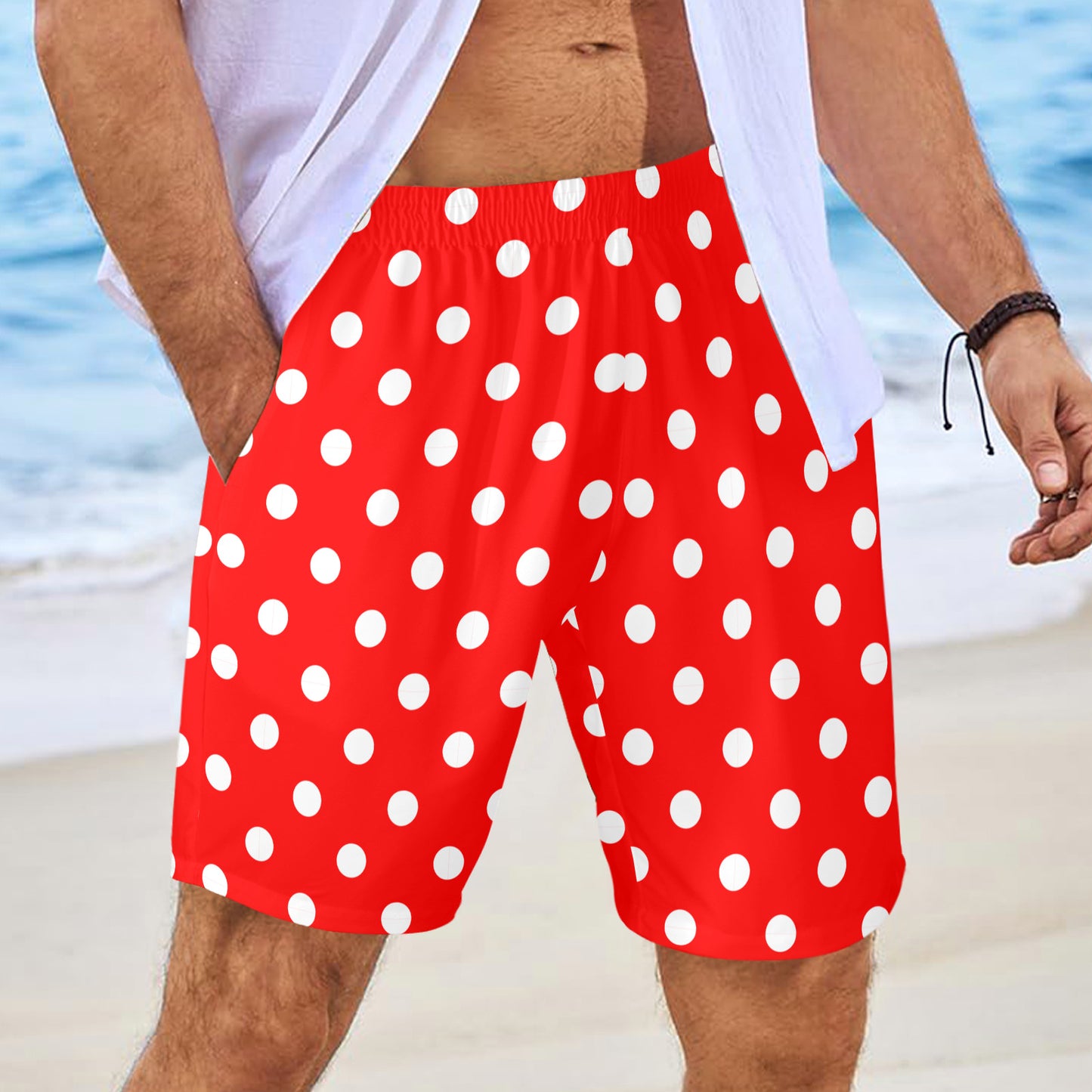 Red With White Polka Dots Men's Swim Trunks Swimsuit