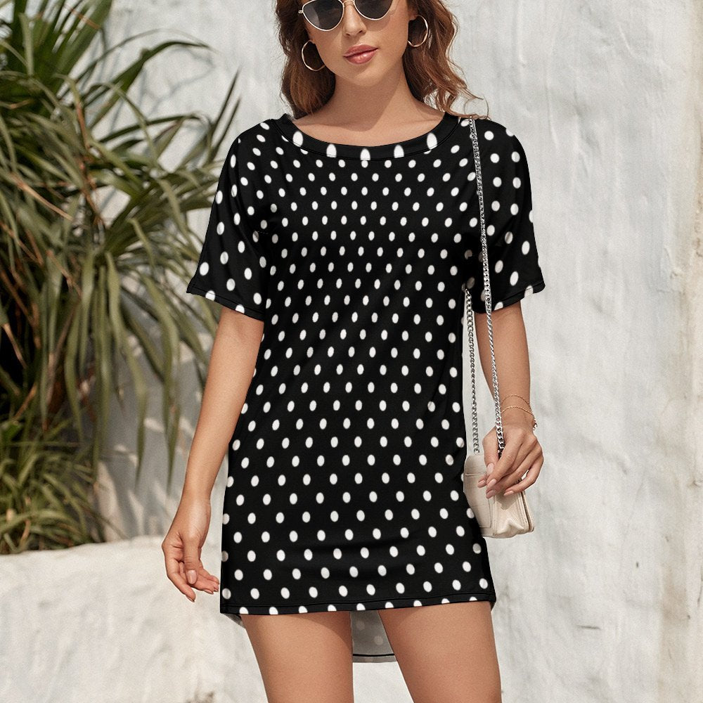 Black With White Polka Dots Dolman Short Sleeve T-Shirt