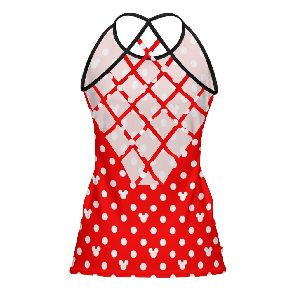 Red With White Mickey Polka Dots Women's Criss-Cross Open Back Tank Top