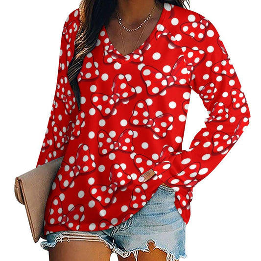 Red With White Polka Dot And Bows Long Sleeve Loose V-Neck Tee