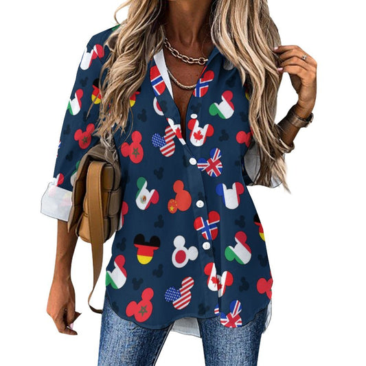 Mickey Flags Long Sleeve Button Up Blouse