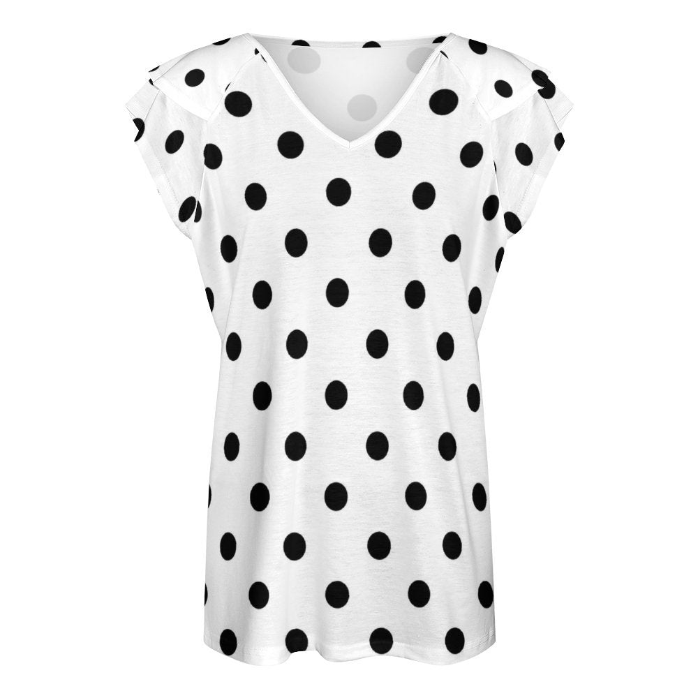 White With Black Polka Dots Women's Ruffle Sleeve V-Neck T-Shirt