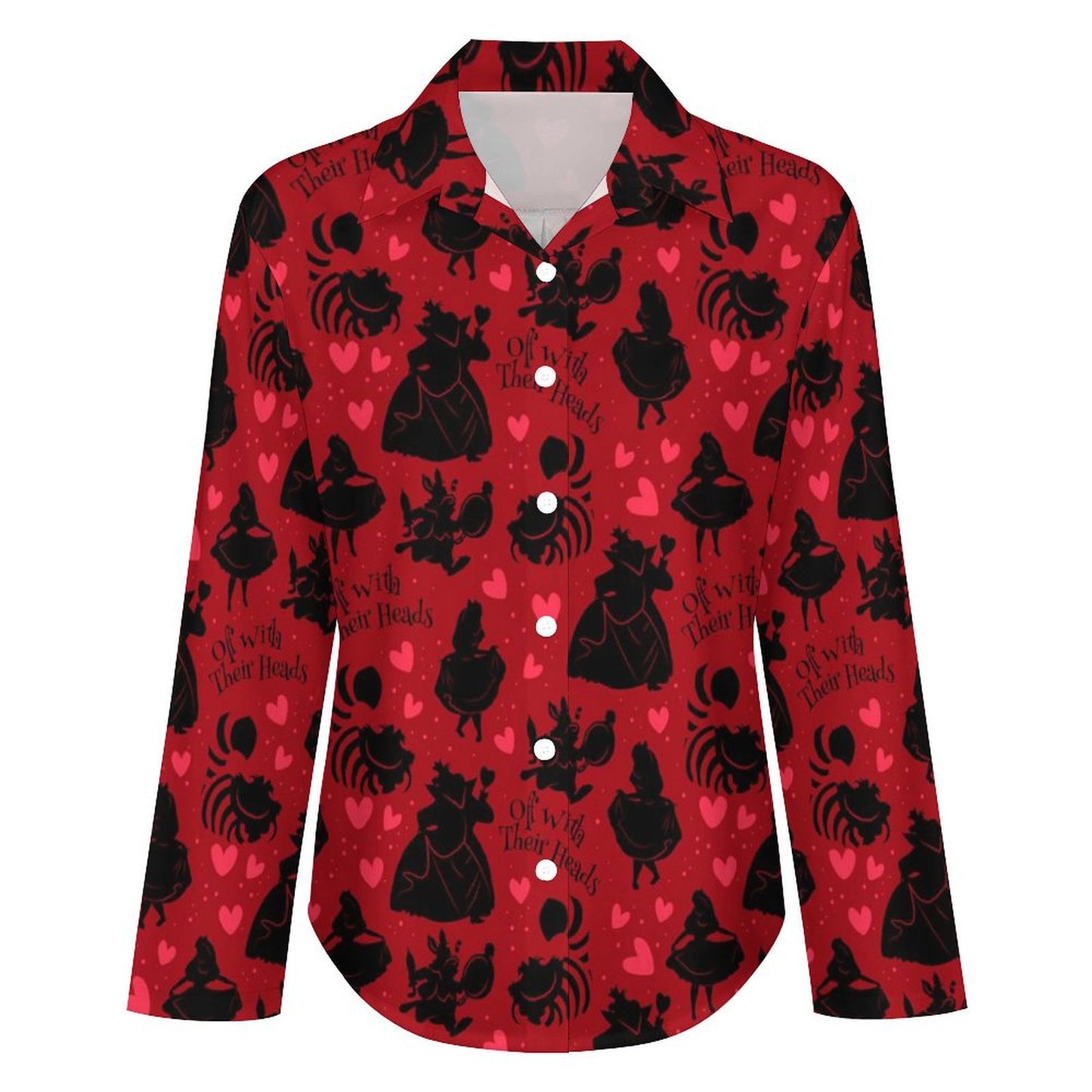 Disney Alice In Wonderland Queen Of Hearts Off With Their Heads Long Sleeve Button Up Blouse