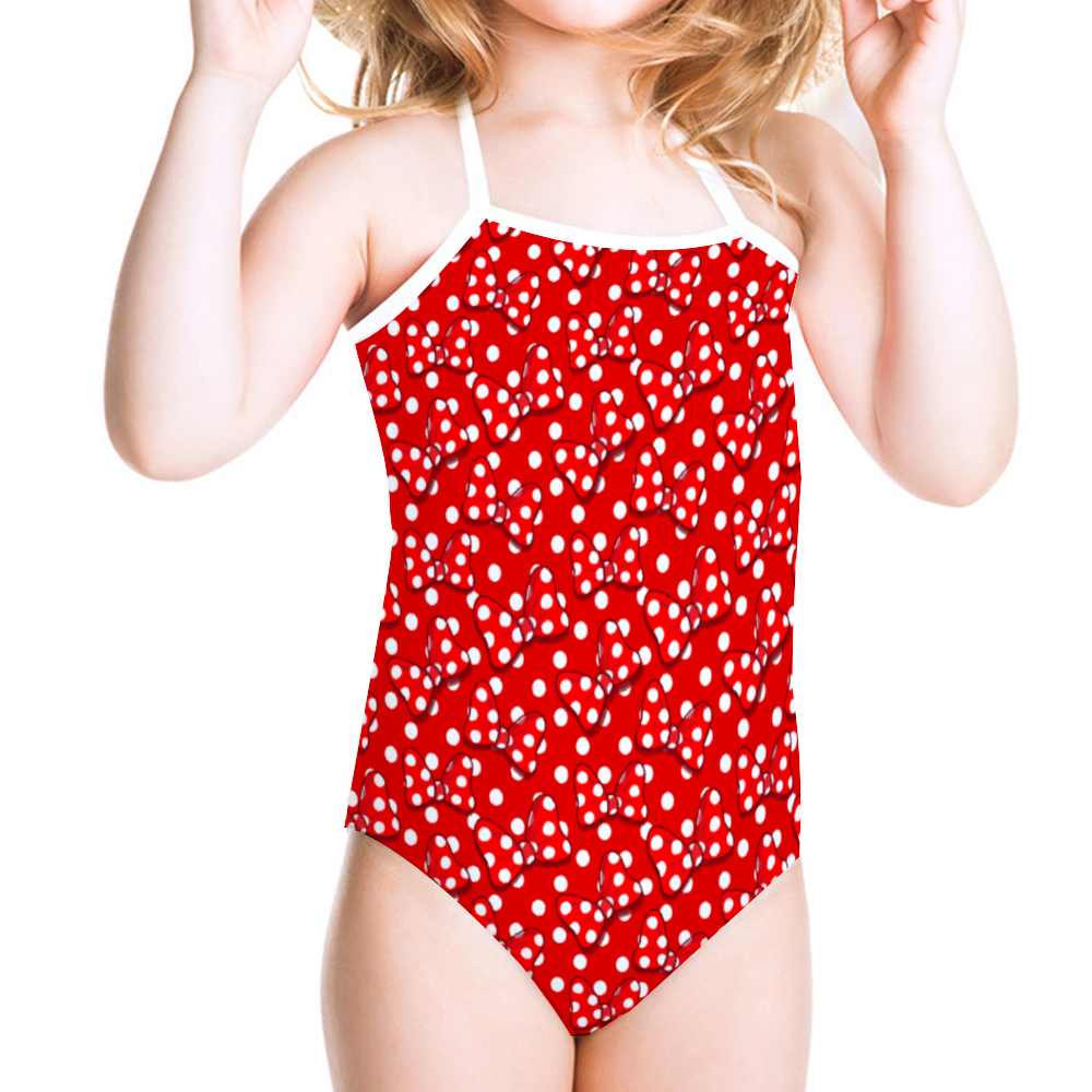 Red With White Polka Dot And Bows Girl's Halter One Piece Swimsuit