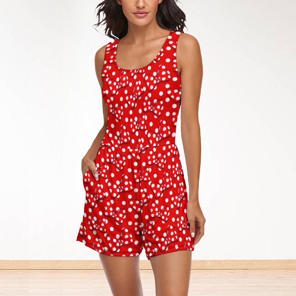 Red With White Polka Dot And Bows Women's Sleeveless Jumpsuit Romper With Pockets