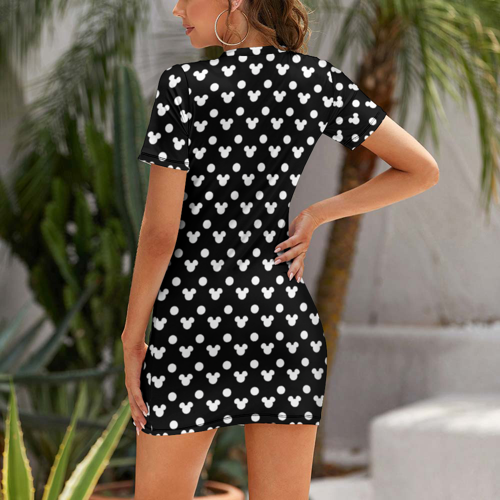 Black With White Mickey Polka Dots Women's Summer Short Dress