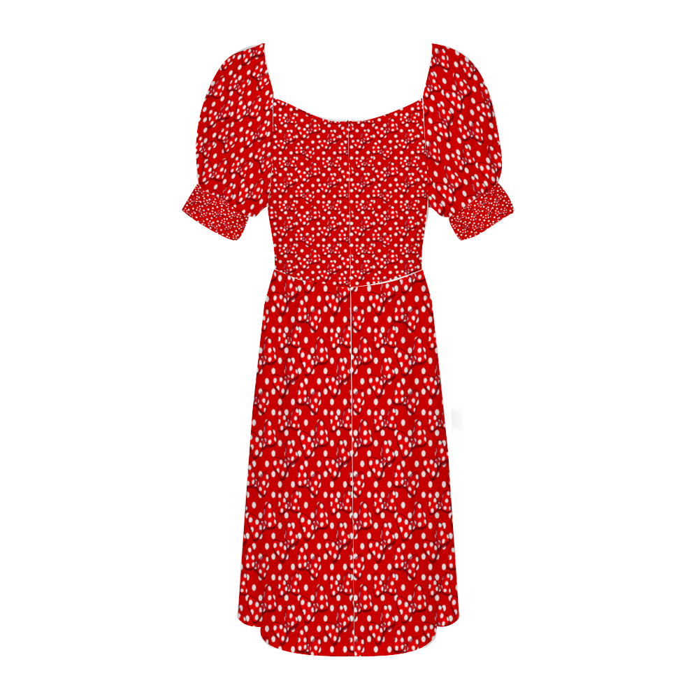 Red And White Polka Dot And Bows Women's Short Sleeve V-neck Knee-Length Dress